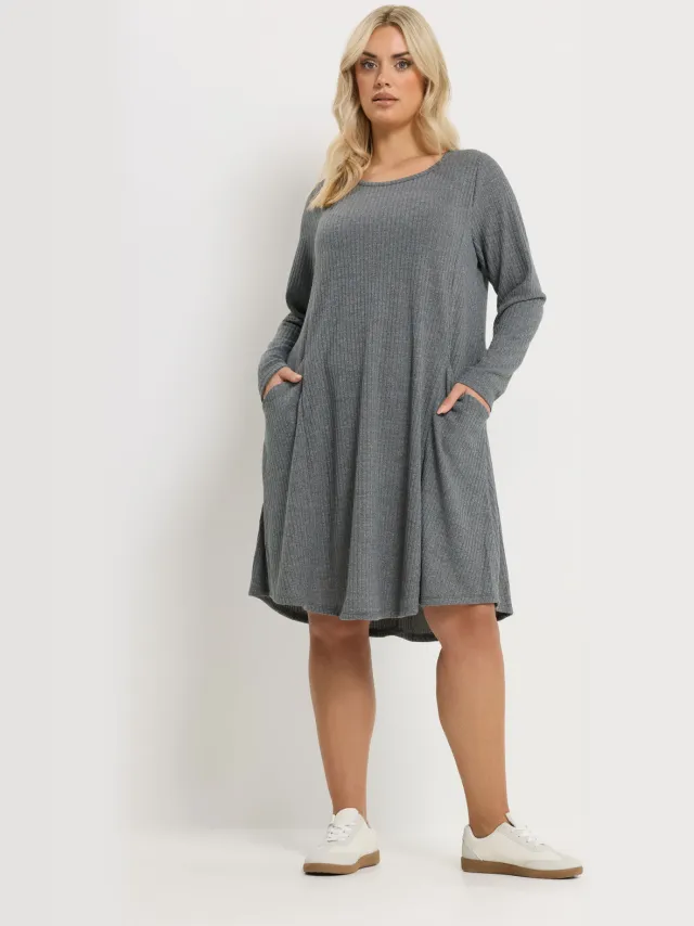 Yours Grijze Geribbelde Jurk Met Zakken Grey