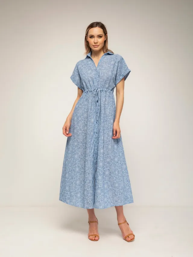 Tantra Geborduurde midi-blousejurk met korte mouwen en een gerimpelde taille Blauw