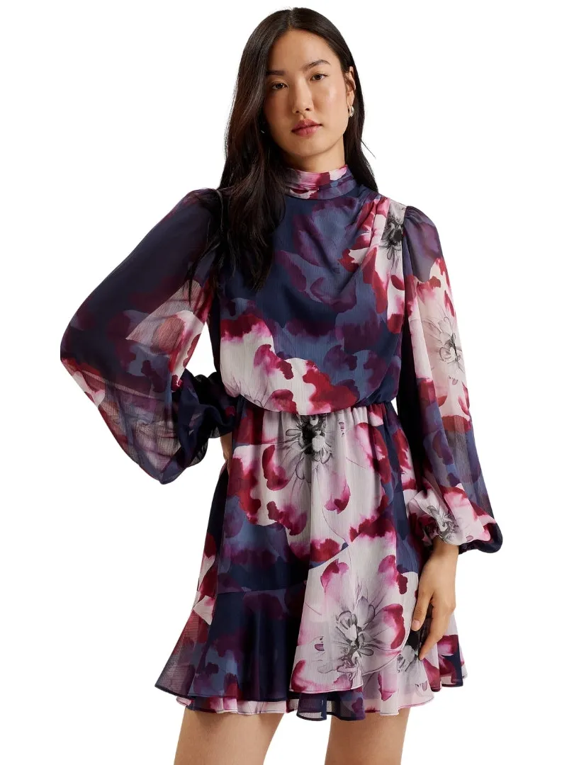 Ted Baker Aracely Bedrukte Jurk Met Lange Mouwen In Marineblauw Met Strik Bij De Hals Fuchsia