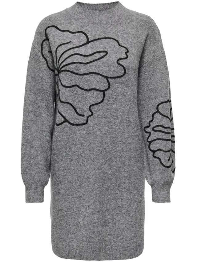 JDY JDYJELLA L/S FLOWER DRESS KNT - Dames - Mini jurken Dark Grey Melange