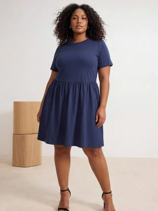 Trendyol Curve Dames Donkerblauw Effen Kort / Mini Kort Casual Skater Grote maten Jurk Marineblauw/Blauw