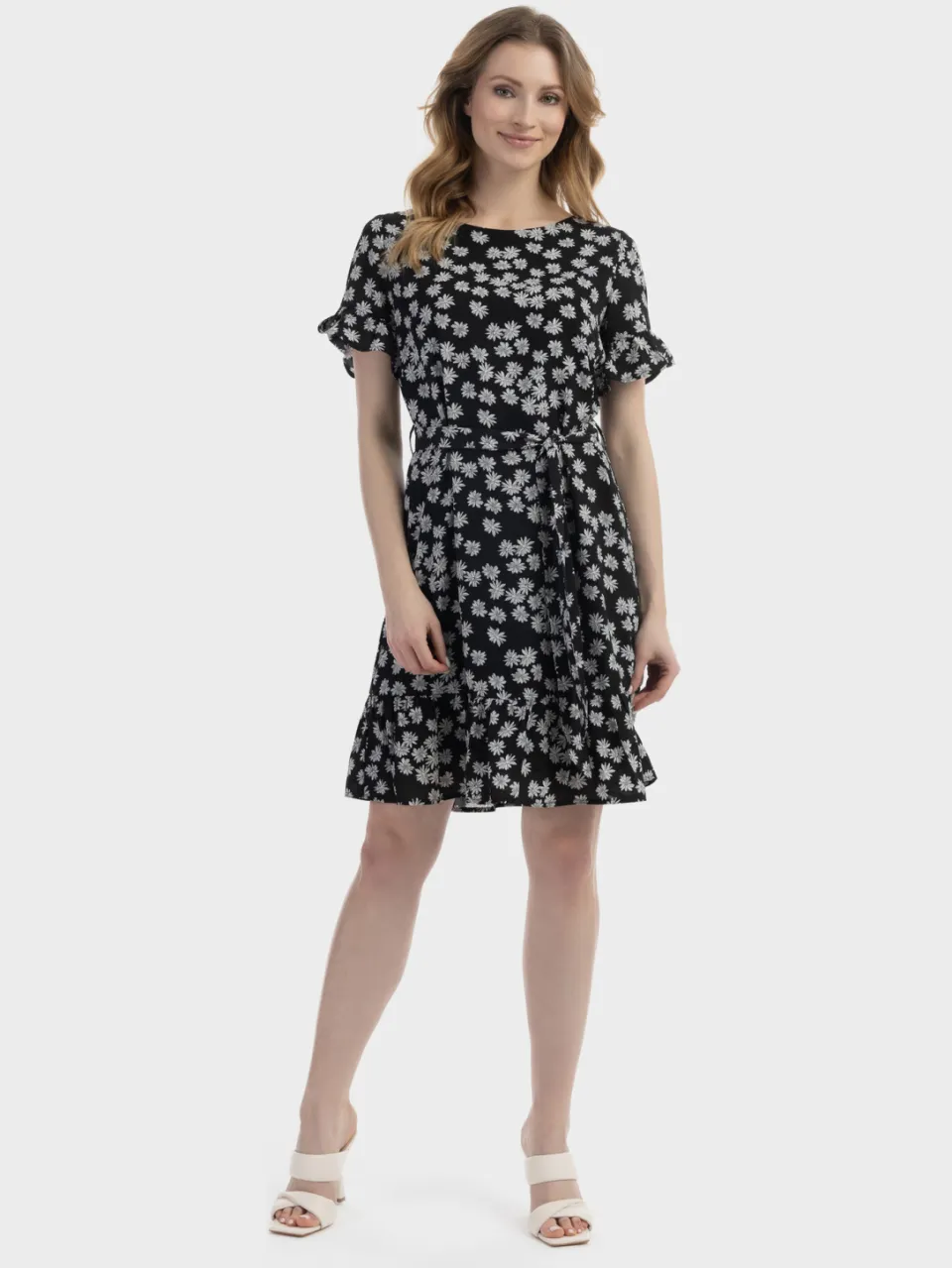 Usha midi-jurk met ruches Dames zwart en wit Zwart/Gebroken wit