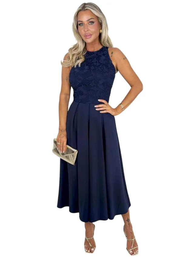 AX Paris Midi-jurk voor dames met geborduurde kanten overlay (Marine) Marineblauw