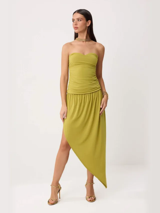Trendyol TRENDYOLMİLLA Dames Groen Effen Maxi Mouwloos Asymmetrisch Avond & Gala Jurk