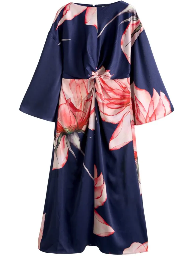 Next Dames - Maxi-jurk van satijn met gedraaide voorkant en lange mouwen - Blauw Navy Blue Floral