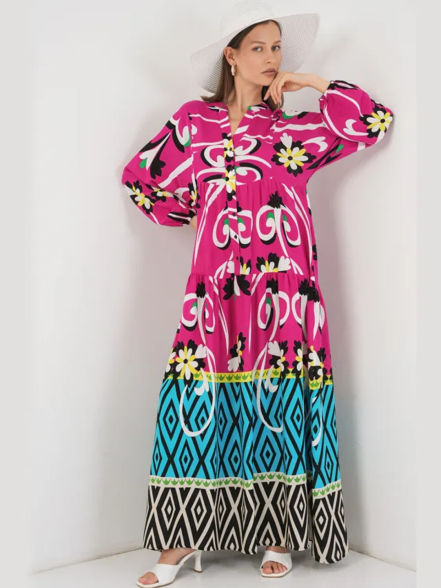 Big Dart Geprinte V-Hals Maxi-Jurk Fuchsia