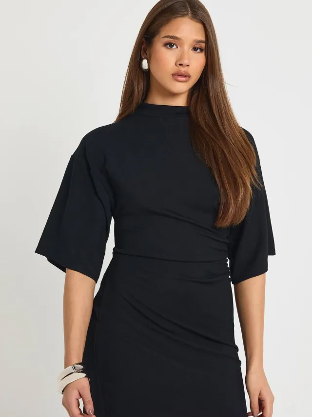 boohoo Dames Geribbde ingesnoerde mini-jurk Zwart