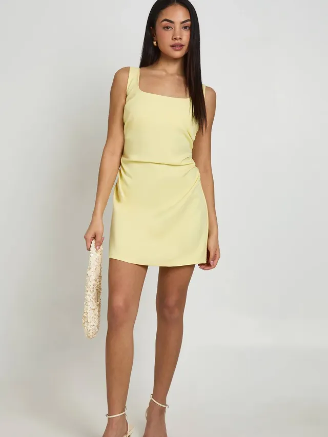 boohoo Dames Mini-jurk Met Vierkante Hals En Plooien Citroen
