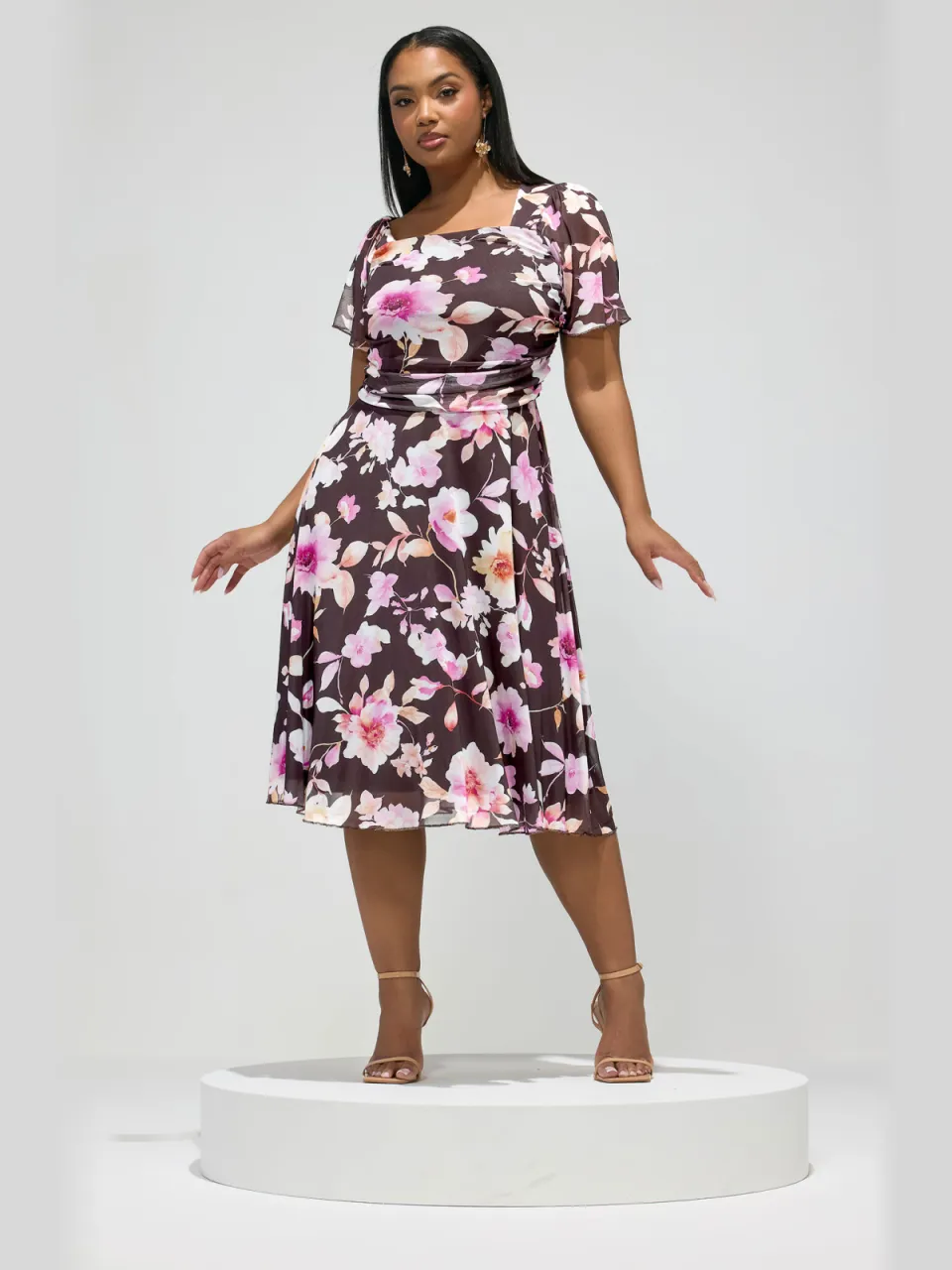 Yours London Chocoladebruine Mesh Jurk Met Bloemenprint, foto 2