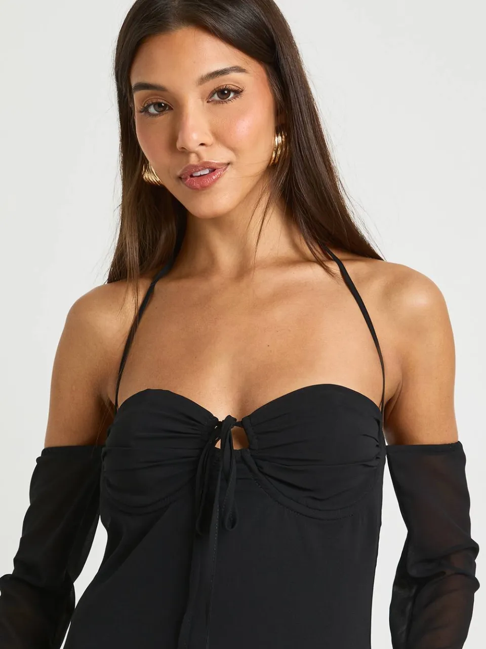 boohoo Dames Chiffon minijurk met lange mouwen zwart, foto 4