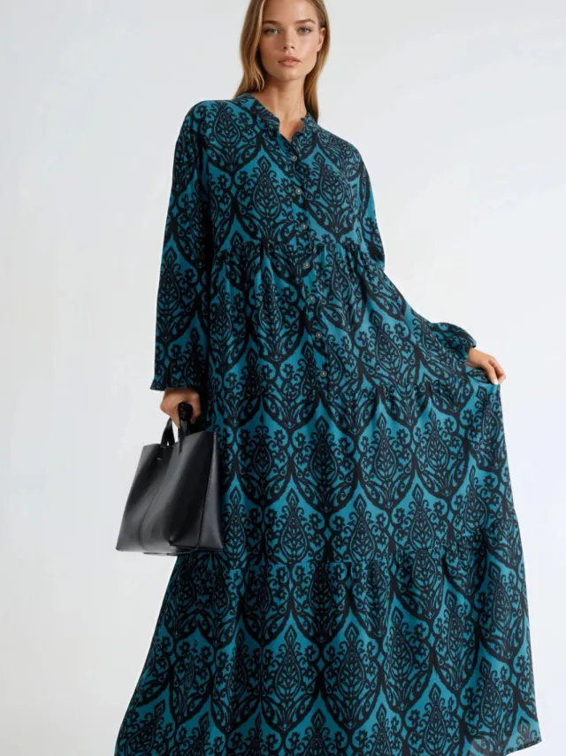 Hiccup Comfort Fit Patroon Maxi Jurk met V-hals Blauw