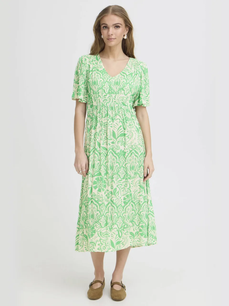 Ichi gebloemde midi jurk groen groen / ecru