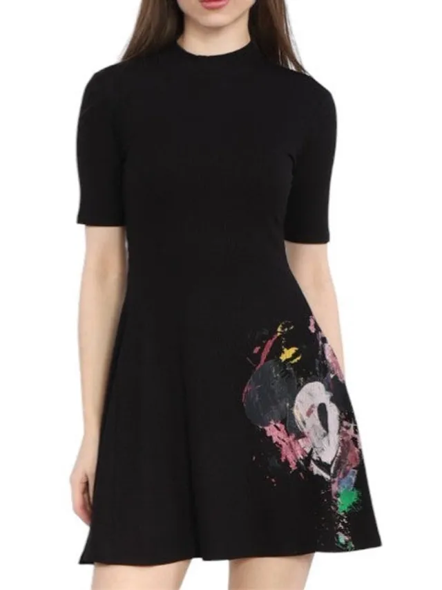 Desigual Disney Mickey Morro damesjurk zwart geribbeld gebreide mock nek mini