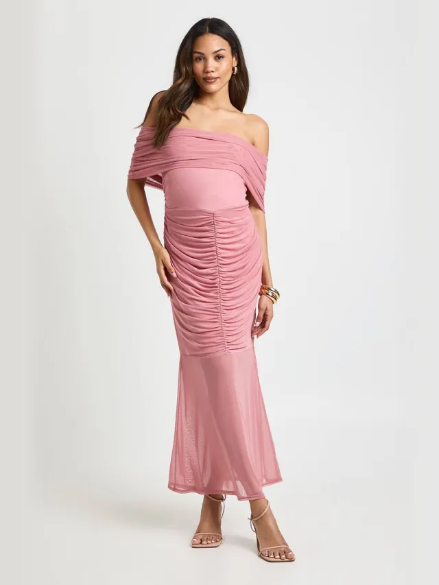 boohoo Dames Zwangerschaps Gerimpelde Bardot Mesh Zoom Midaxi Roos