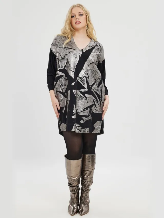 Mat Fashion jurk zilveropdruk voor BLACK/SILVER