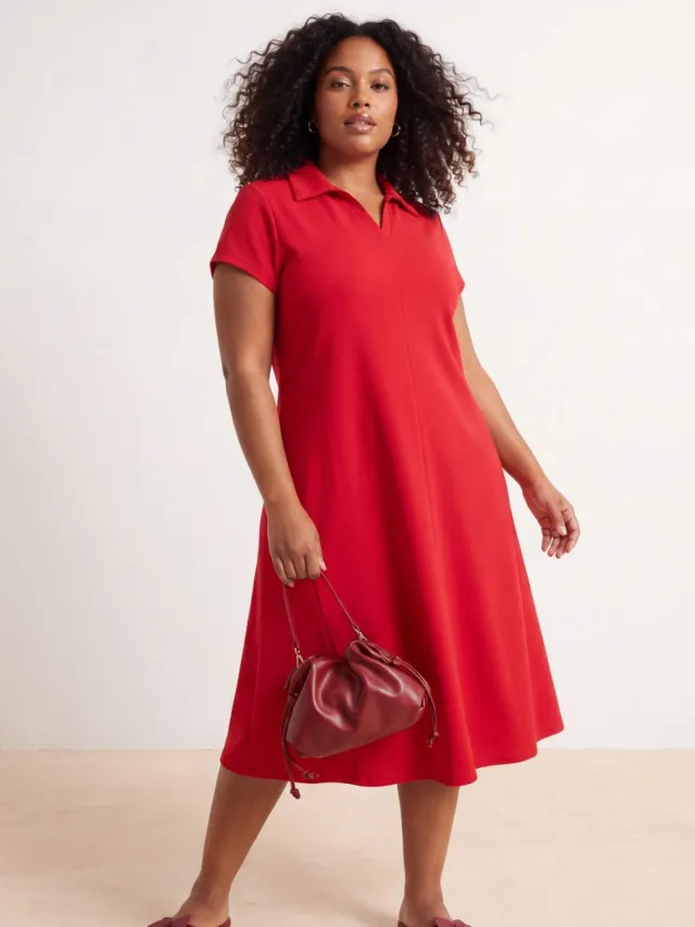 Trendyol Curve Dames Rood Effen Midi Kort Casual A-lijn Grote maten Jurk