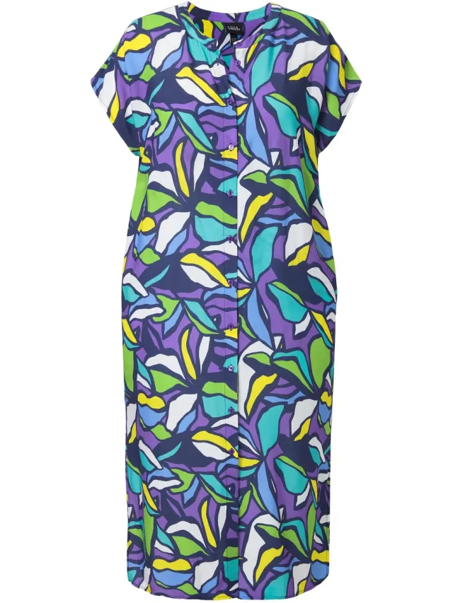 Ulla Popken Dames - Midi-jurk bladeren oversized opstaande kraag korte mouwen - Purper - Maat 50+
