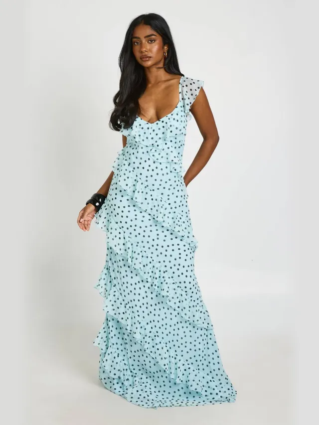 boohoo Dames Chiffon Maxi Jurk Met Ruches En Polkadots En Bandjes Aqua
