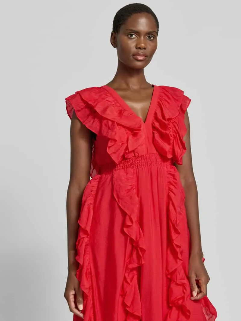 Yas Maxi-jurk van viscosemix met ruches model 'Linala' rood, foto 4