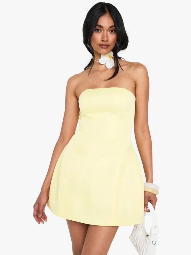 boohoo Dames Gestructureerde Satijn Skater Mini Jurk Citroen