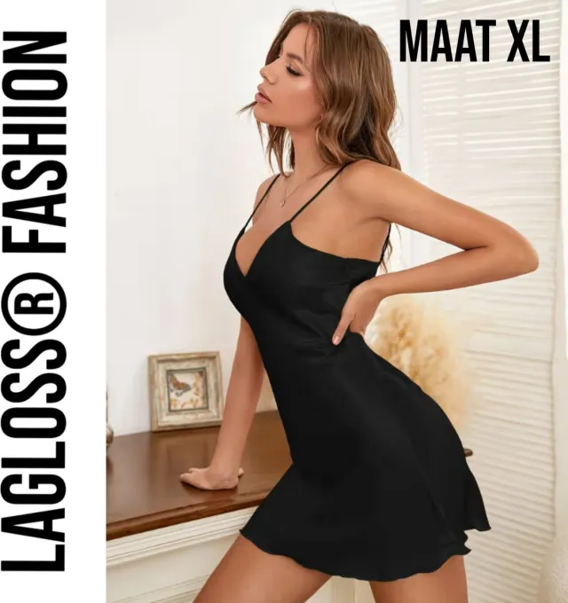LaGloss Dames Camisole Nachthemd - Zwart – V-hals – Alle Seizoenen – Slaapjurk - Nachtjurk