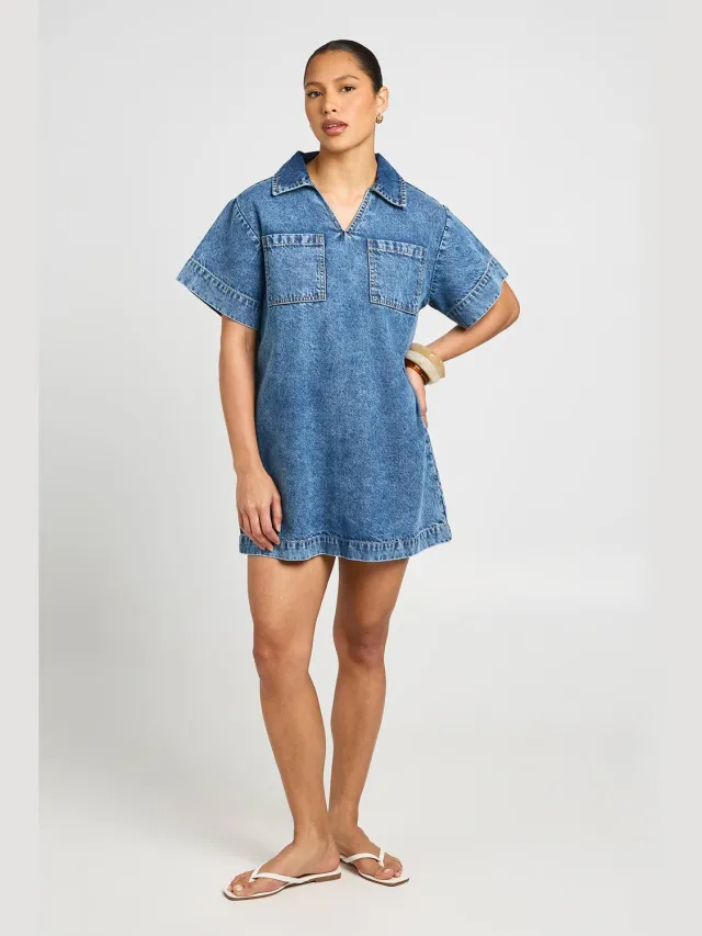 boohoo Dames Boxy Korte Mouwen Denim Jurk Medium Gebleekt