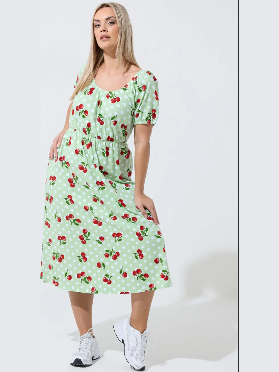 Limited Collection Groene Gingham Bardot Jurk Met Kersenprint, foto 2