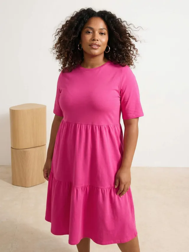 Trendyol Curve Dames Roze Effen Midi Kort Casual A-lijn Grote maten Jurk Fuchsia