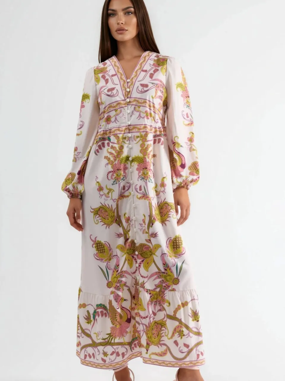 MSN Collection Gevormde Maxi Jurk met V-hals en Print Veelkleurig