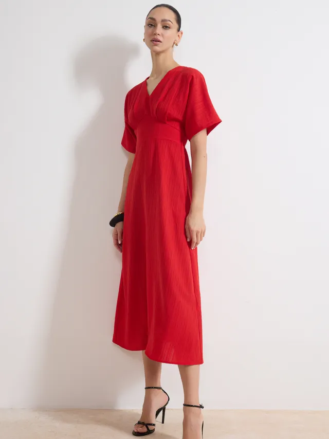 Trendyol TRENDYOLMİLLA Dames Rood Effen Maxi Driekwart mouw Casual A-lijn Jurken
