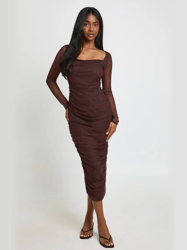boohoo Dames Midaxi Jurk Met Vierkante Hals En Gerimpeld Mesh Espresso
