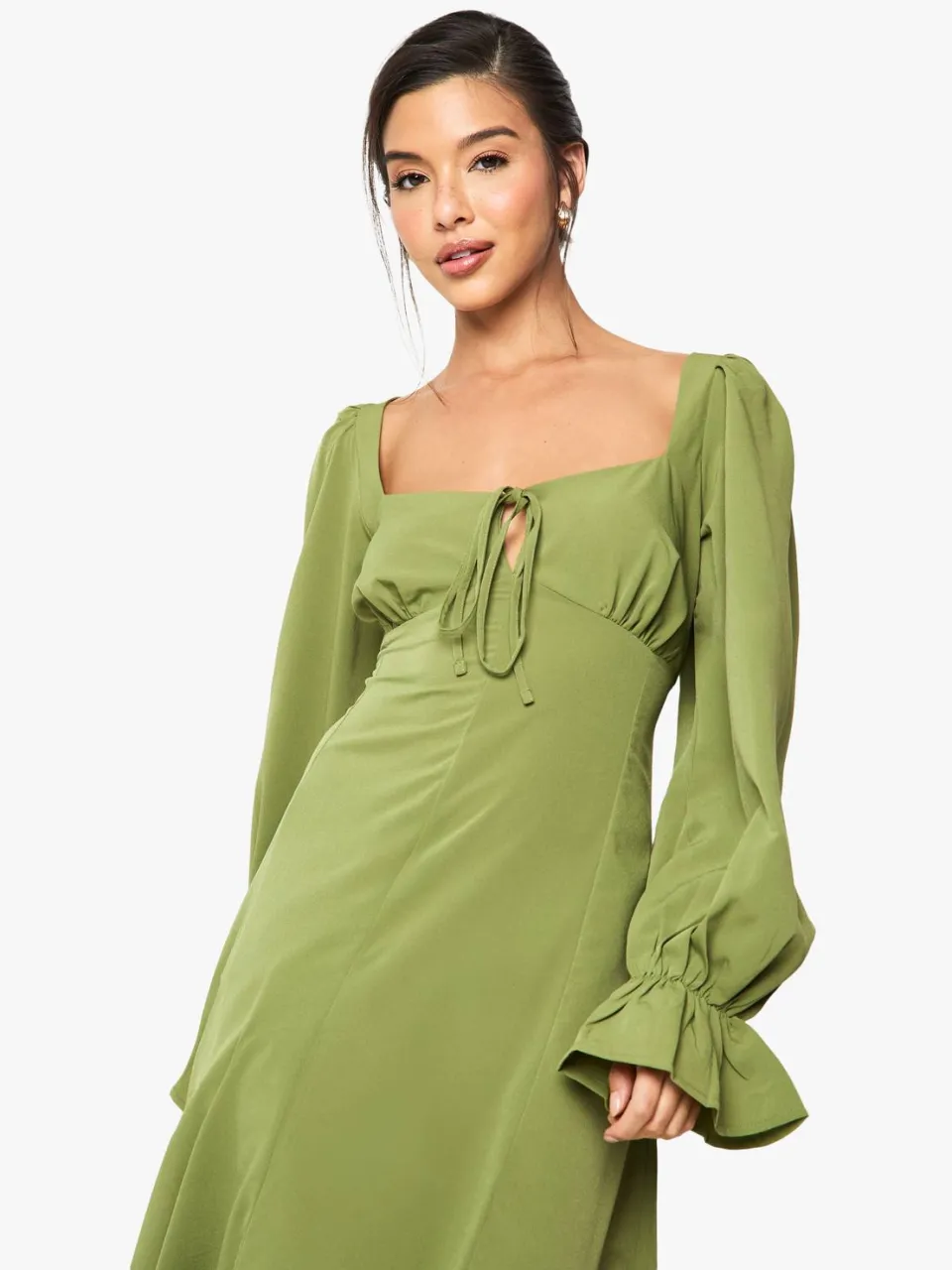 boohoo Dames Getextureerde Milkmaid Maxi-jurk olijf, foto 2