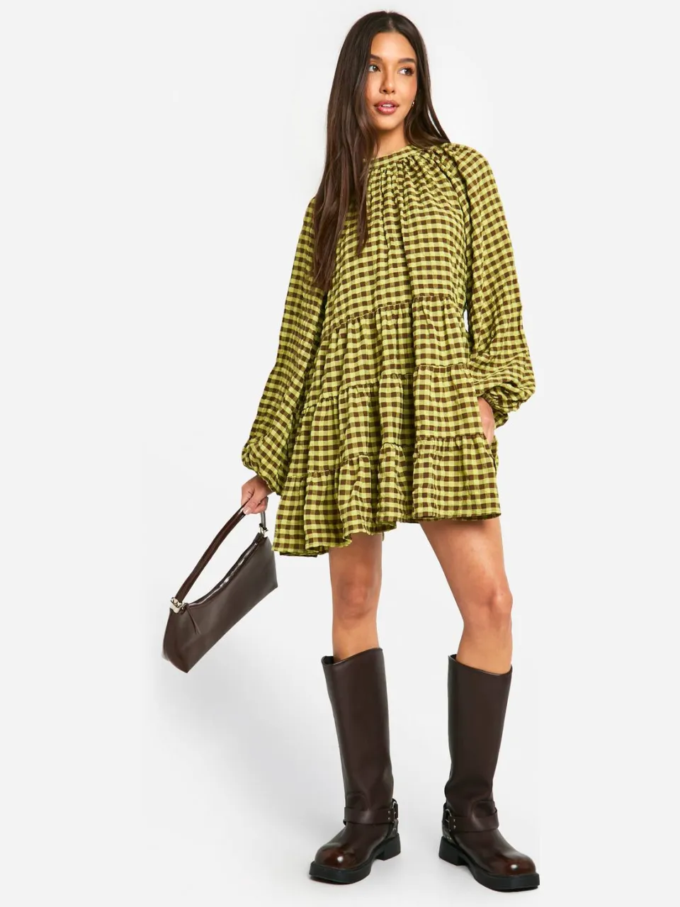boohoo Dames Textured Check Smock Dress groente, foto 2