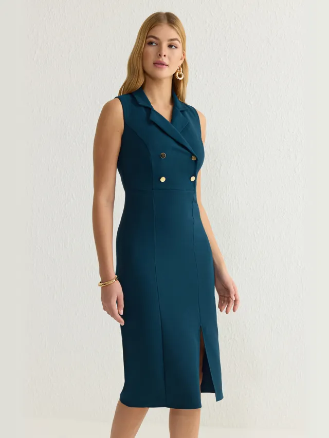Trendyol TRENDYOLMİLLA Dames Blauw Effen Midi Mouwloos Avond / Dagelijks Bodycon Jurken Groen