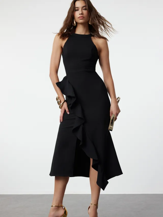 Trendyol TRENDYOLMİLLA Dames Zwart Effen Midi Mouwloos Stijlvol/Avond Asymmetrisch Jurken