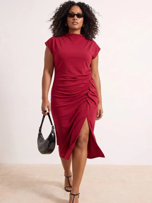 Trendyol Curve Dames Bordeaux Effen Midi Mouwloos Feest Bodycon Grote maten Jurk, foto 2