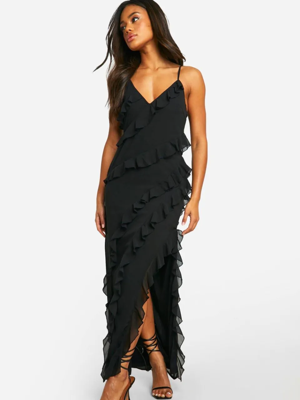 boohoo Dames Ruffle Chiffon Maxi Jurk zwart, foto 2