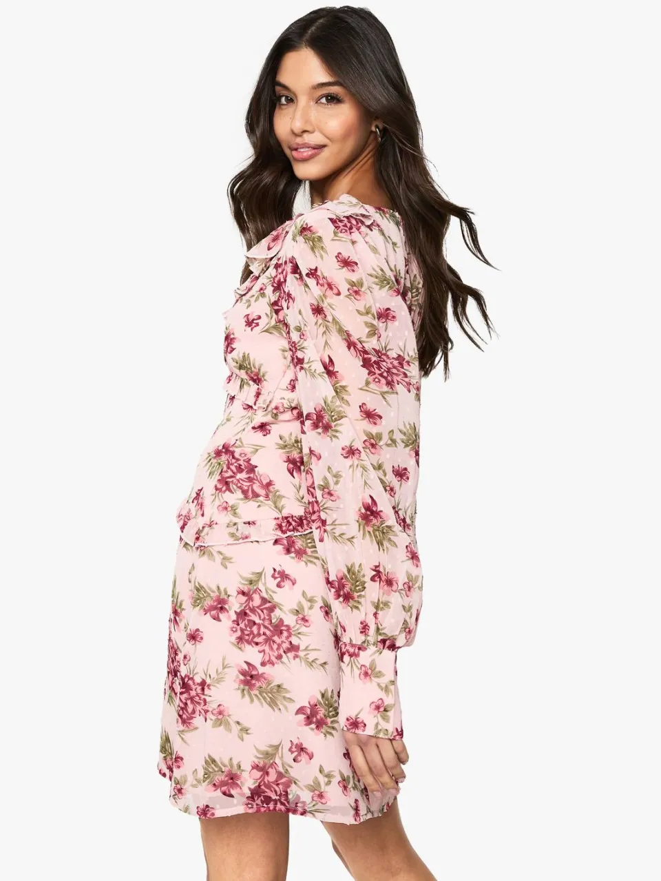 boohoo Dames Floral Chiffon Ruffle Mini Jurk roze, foto 2