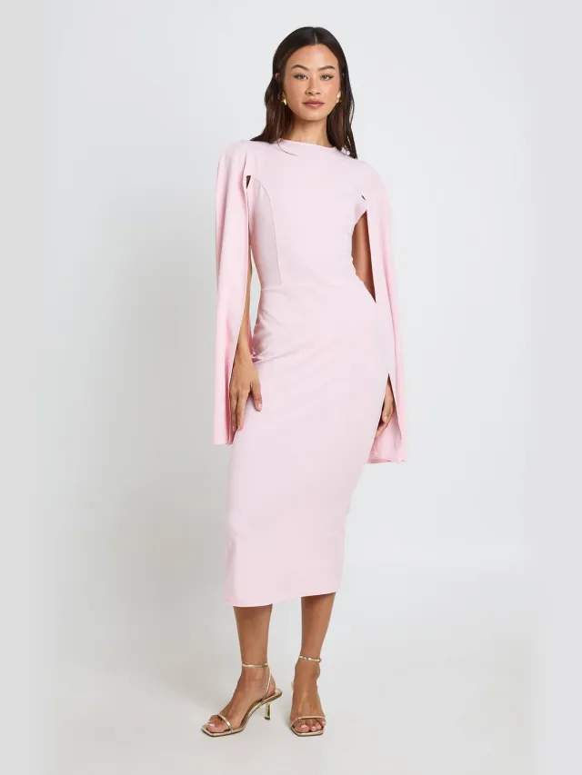 boohoo Dames Lange Midi Bodycon Jurk Met Cape Mouwen Pastelroze