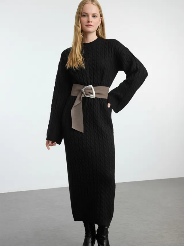 Trendyol Modest Dames Zwart Kabelgebreid Midi Driekwart mouw Casual Recht Modest Jurken