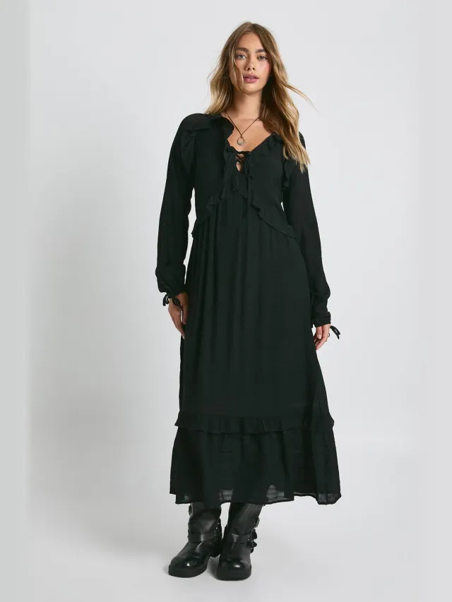 boohoo Dames Lange mouw maxi jurk met franje detail Zwart