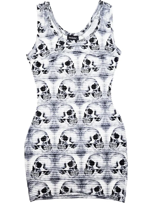 BamBella ® - Jurk - Skull Gothic print wit zwart skulls doodshoofd kort mini jurkje grijs