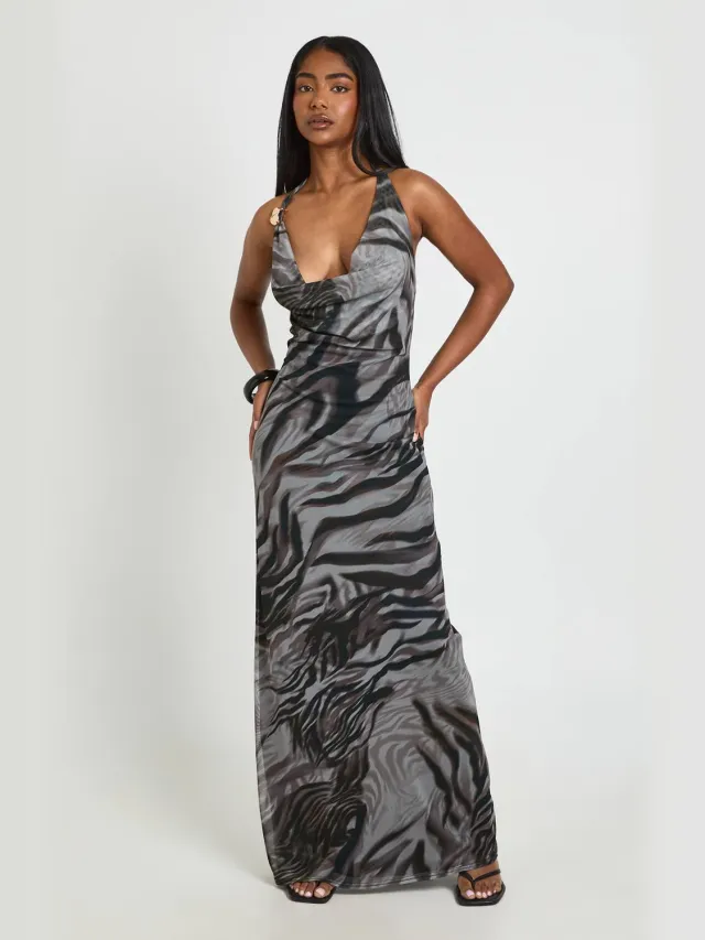 boohoo Dames Maxi-jurk Met Zebraprint Mesh, Halternek En Cowl-hals Detail