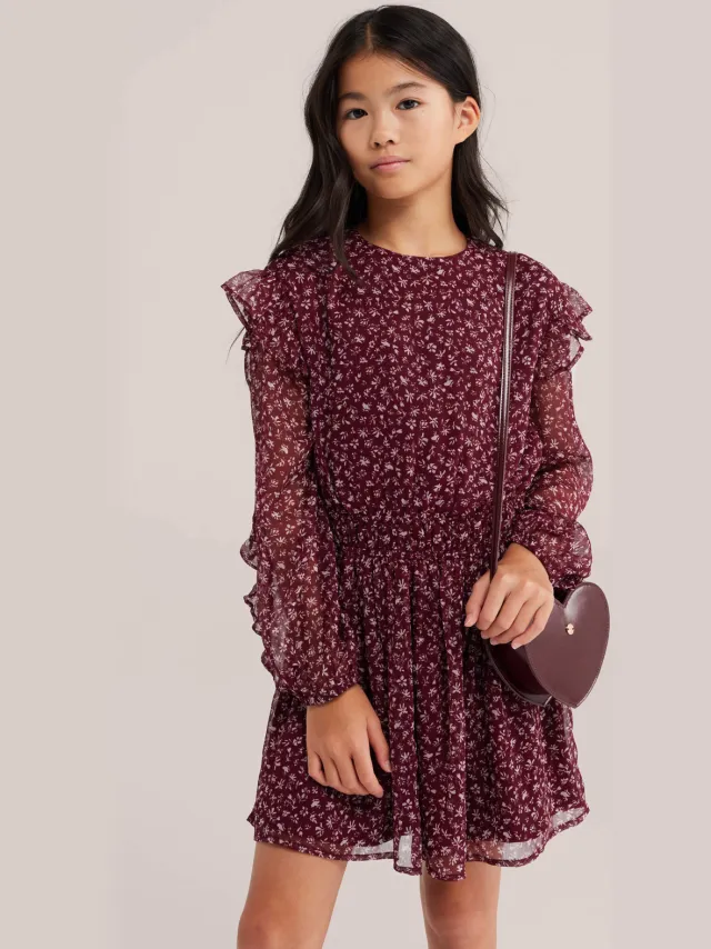 WE Fashion korte jurk met ruches donkerrood Donkerrood/ecru