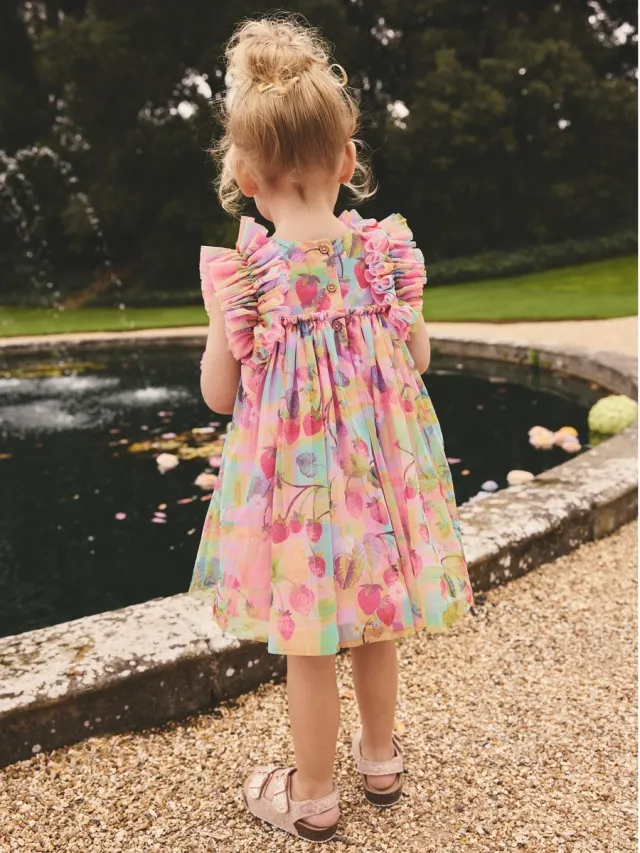 Next Meisjes - Mesh jurk met ruche op de schouders - Roze Pink