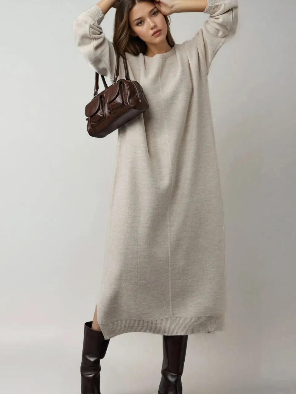 MyFashion Gelaagde Geribbelde Lange Trui Jurk met Sleufdetail Steen