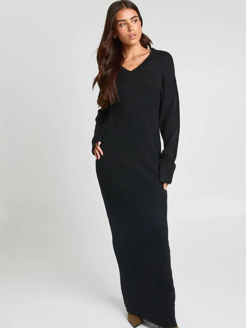 boohoo Dames Gebreide Maxi-jurk Met V-hals En Lange Mouwen zwart, foto 3
