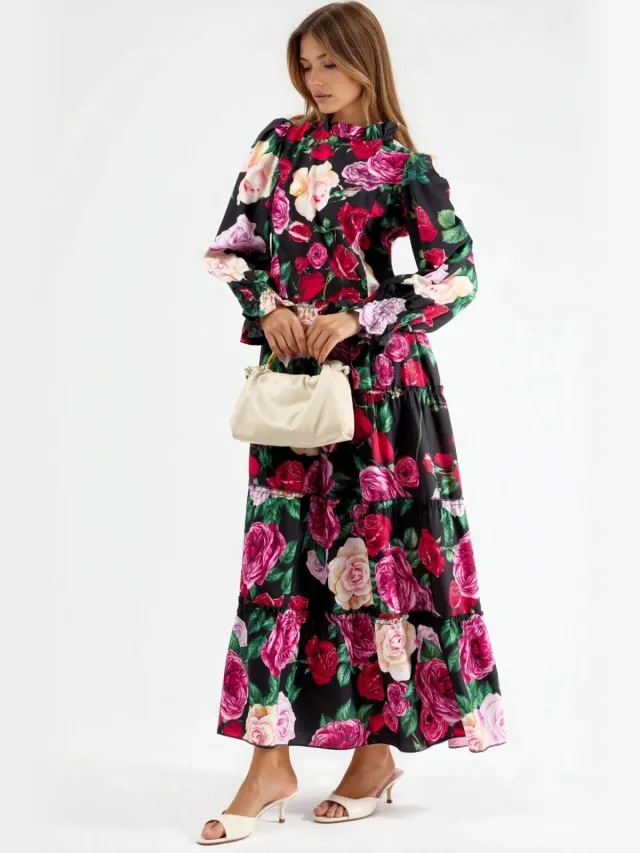MSN Collection Bloemen Crew Neck Maxi-jurk Zwart