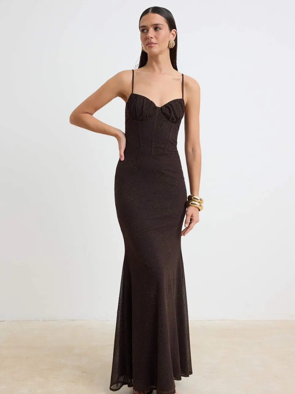 Trendyol TRENDYOLMİLLA Dames Bruin Effen Maxi Mouwloos Zeemeermin Avond & Gala Jurk