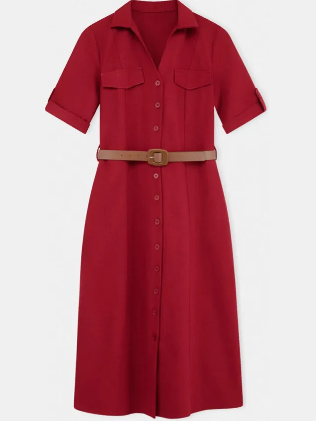 Trendyol TRENDYOLMİLLA Dames Bordeaux Effen Midi Kort Avond / Dagelijks Blousejurk Jurken Kersenrood